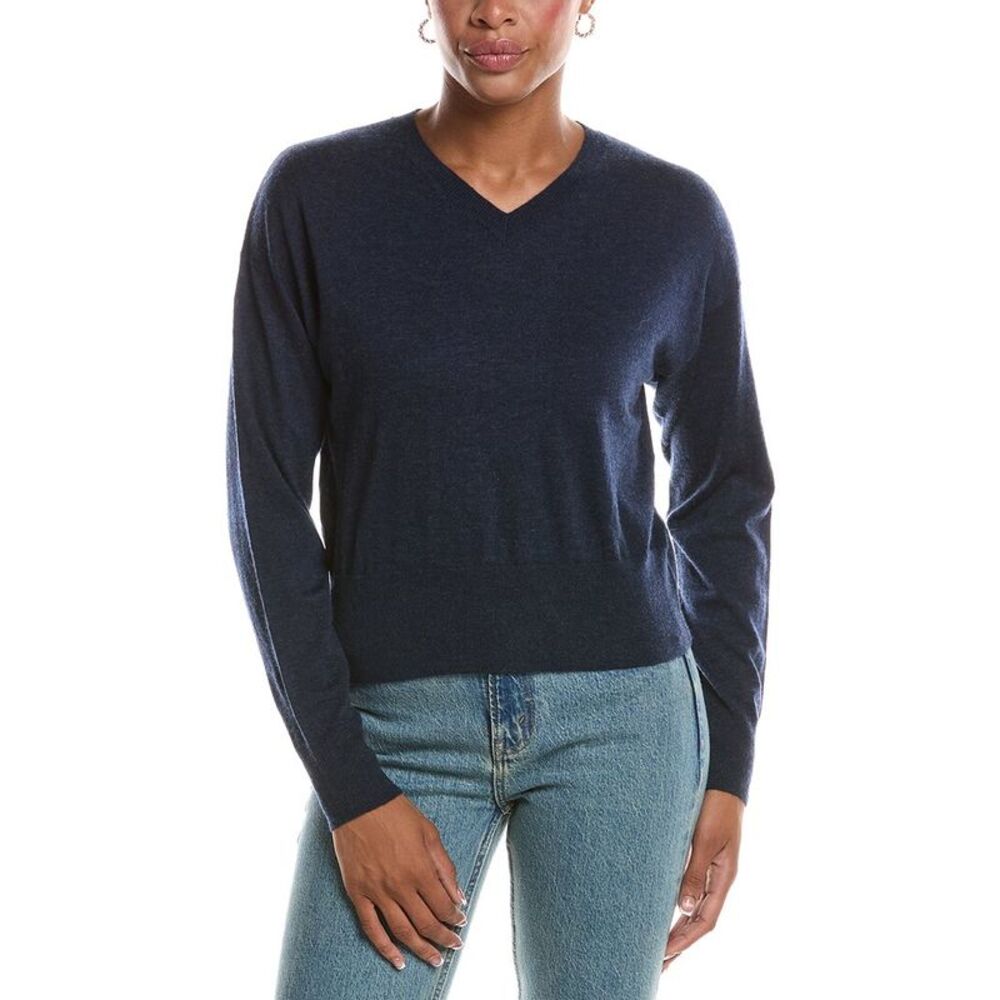 Autumn Cashmere Womens  Long Sleeve High V-Neck 100% Cashmere Sweater, Blue